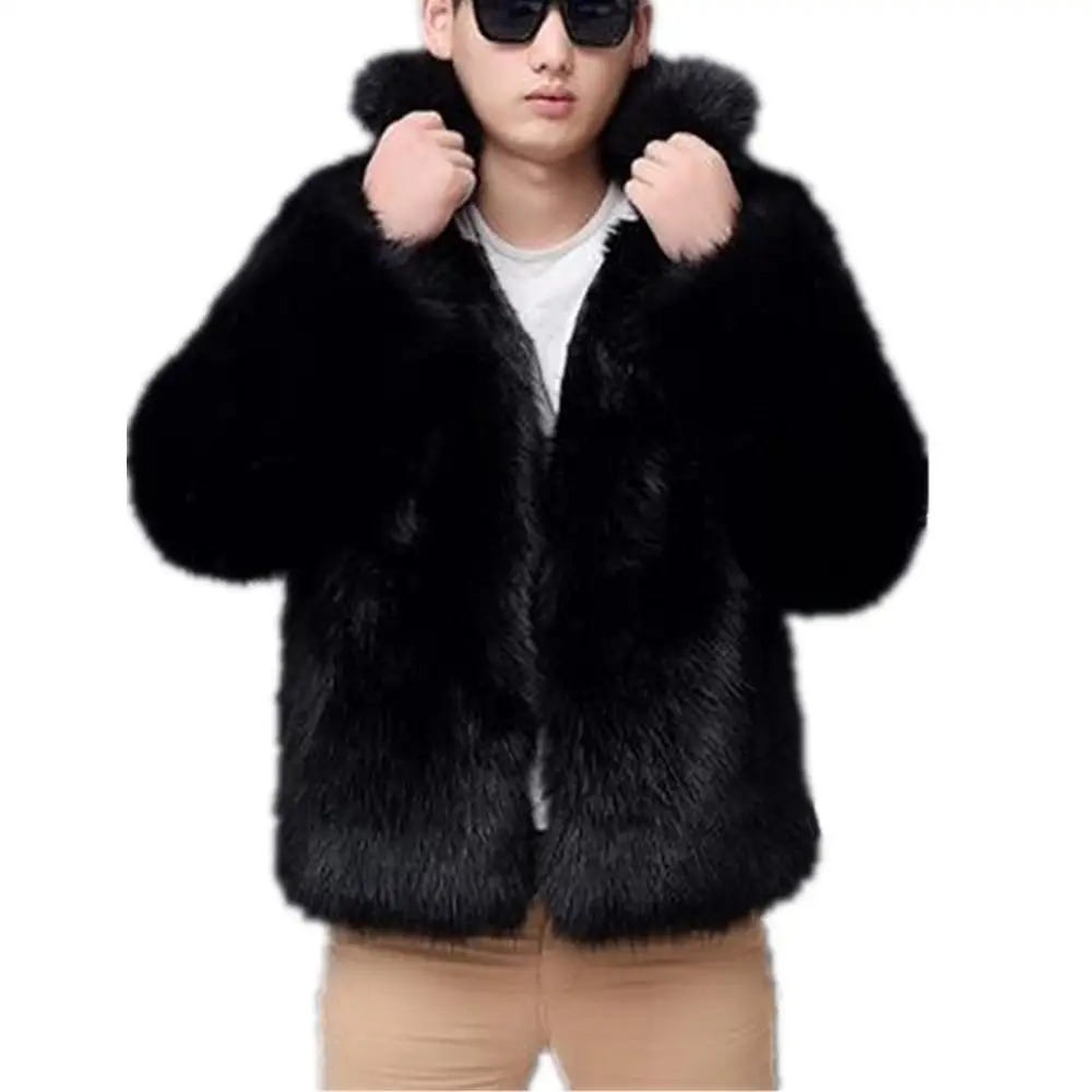 Men\'s Winter Overcoat Thick Warm Faux Fur Coat Black Fur Jacket Luxury Long Sleeve Parka Outerwear for Men