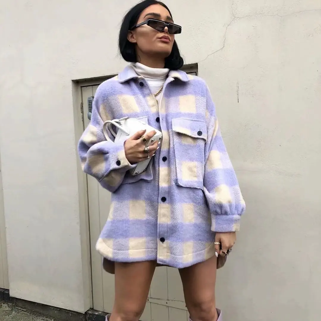 

Elegant Spring Fall Purple Plaids Jackets Checked Single-breasted Cardigan Irregular Pockets Woolen Coat Long Crop Tops Abrigos