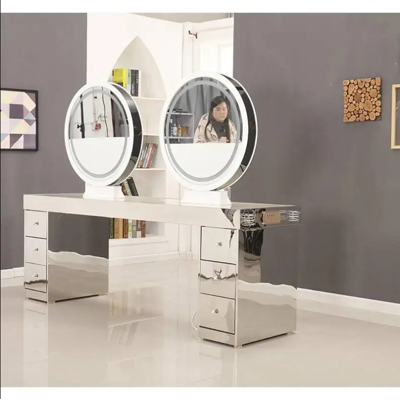 Salon hairdressing shop mirror table stainless steel marble table with touch screen LED light hair dressing mirror