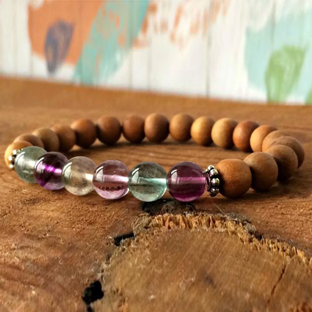 Wholesale 8 mm Natural Fluorite Rosewood Bracelet Femme Goddess Lucky Bracelet Boho Style Handmade Jewelry