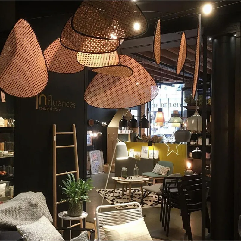 Nordic Designer Leaf Grid Rural Head Made Rattan Led Pendant Lamp Retro Restaurant Bedroom Kitchen Decor Hanging Light Fixtures