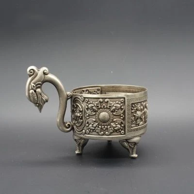 

Exquisite antique white copper silver plating Dragon ear elephant foot wine cup decorative ornaments