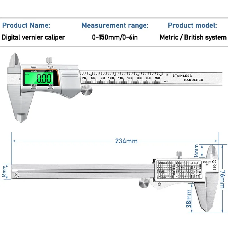 150mm digital electronic caliper stainless steel metal industrial calipers measuring precision professional tool with backlight
