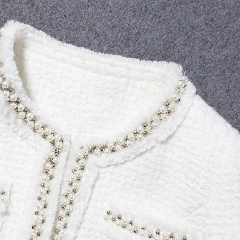 White tweed women jacket Hand-made beads spring / autumn / winter woolen coat new Wool classic jacket Ladies