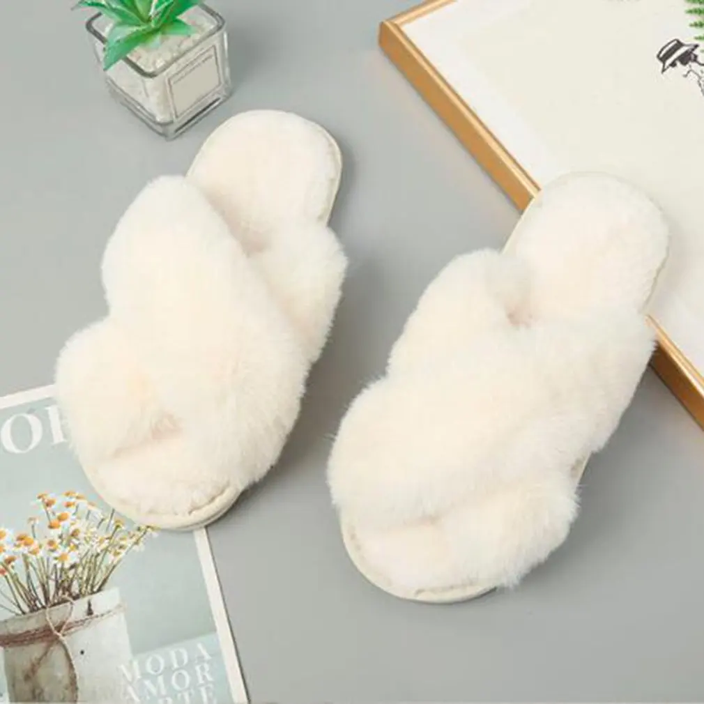 2021 Winter Neue Frauen Slipper Weiche Kaninchen Fell Kreuz Oberen 3cm Ferse Plattform Pelz Warme Innen Damen Offene spitze flauschigen Hause