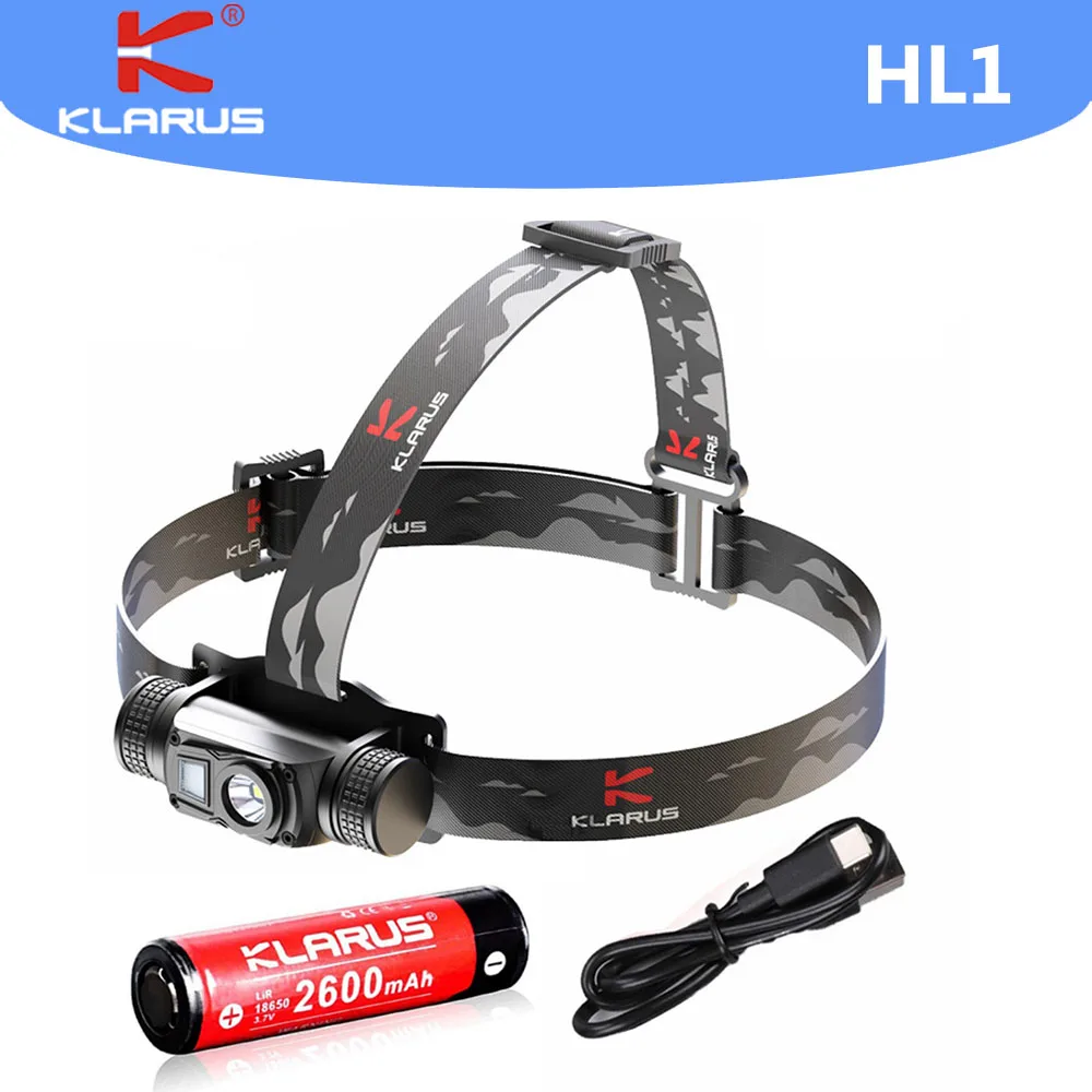 KLARUS HL1 Lightweight Dual-LED Headlamp Max Output 1200 lumen 180 Degress Adjustable White Red Light USB Charging 18650 Battery