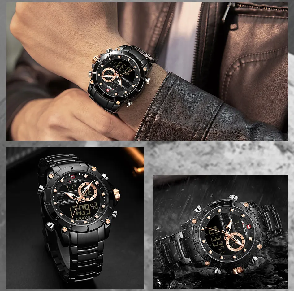 NAVIFORCE 9163 Luxus Original Sport Armbanduhr Für Männer Quarz Stahl Wasserdicht Dual Display Militär Uhren Relogio Masculino – Detail 10