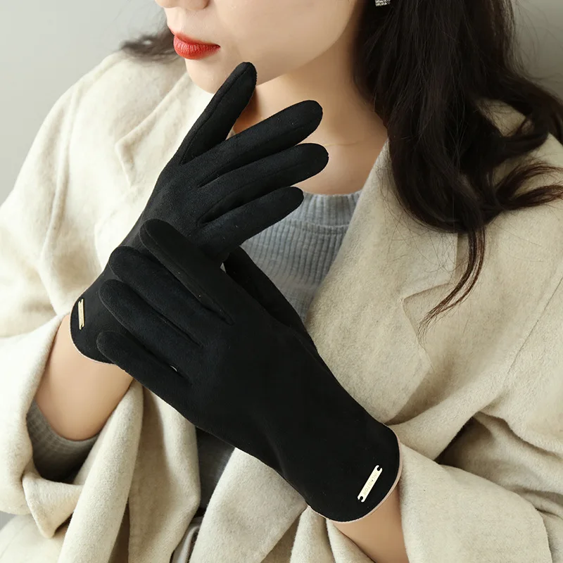 Gants d\'hiver chauds en daim et cuir pour hommes, pour la conduite à écran tactile, en velours Plus épais, à rabat, pour cyclisme, R57