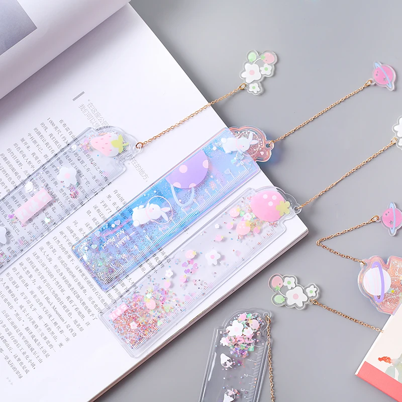 12CM Cute Oil Ruler Quicksand Bookmark Measuring Straight Rulers Pendant Bookmarks Gift Stationery Drafting Supplies