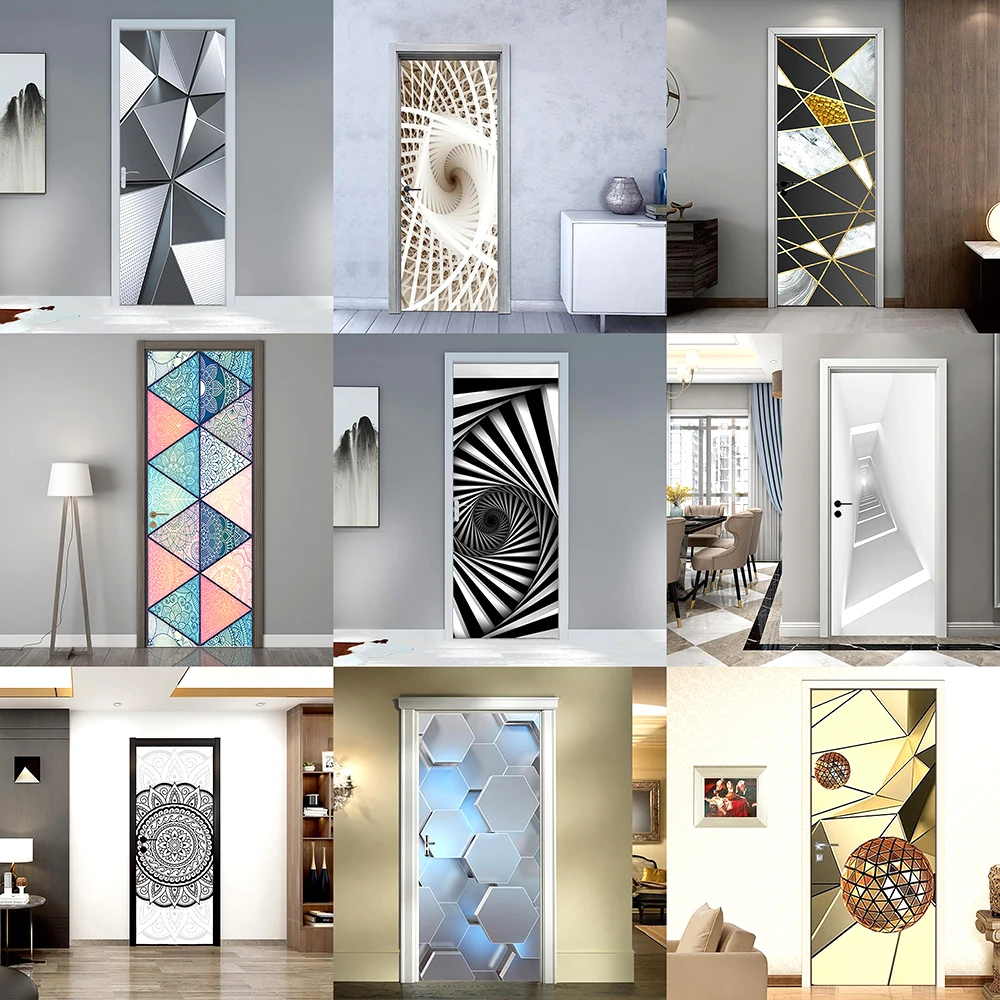 

Creative Geometric Door Sticker Self-adhesive Vinyl 3D Waterproof Wallpaper for Front Door Decoration DIY Decal Mural Home Decor