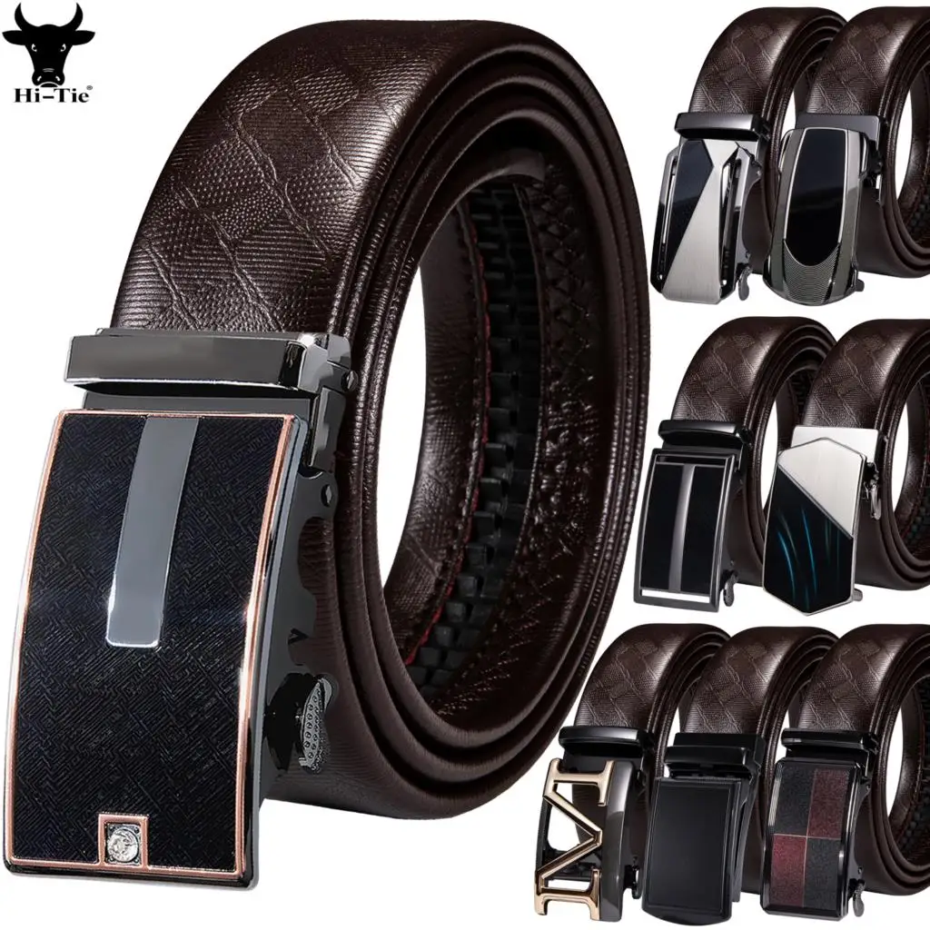 

High Quality Automatic Buckles Mens Belts Brown Genuine Leather Ratchet Waistband Dress Jeans Sliding Straps Adjustable Casual