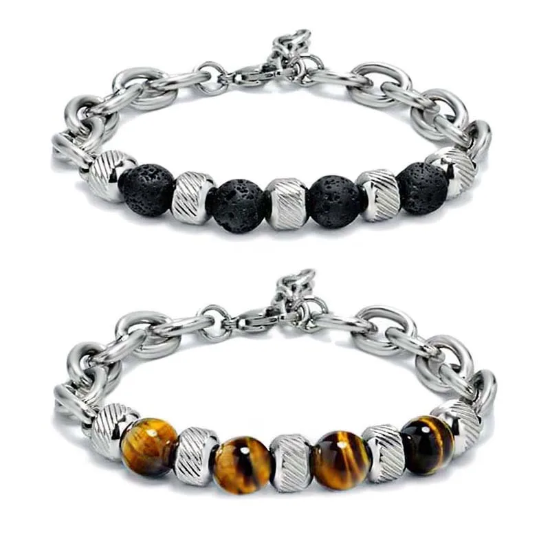 Trendy Mens Stainless Steel Bracelet 100% Real Natural Stone Beads Braslet Tiger eye Punk Link Chain Brazalete Gift For Him