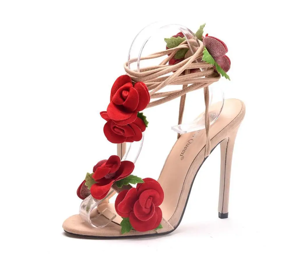 Women\'s Sandals 2021 New Flowers Sandal Red Rose Flower Cross-tie High-heeled Shoes Sexy Lady High Heels Sandals Women