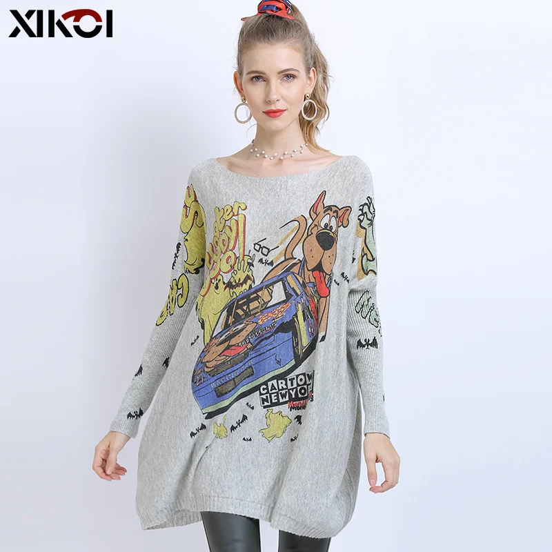 XIKOI Wool Oversized Sweaters For Women Winter Long Pullover Dresses Naughty Dog Print Jumper Casual Knitted Sweaters Pull Femme