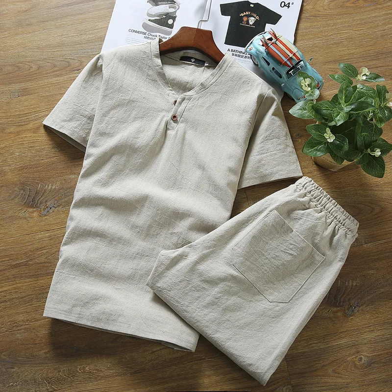 Linen Short-sleeved T-shirt + Shorts 2Pcs Men Cotton Linen Causal Suit For Male Summer Spring Autumn