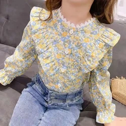 Girls Floral Shirts New Children's Cotton Shirts for Teenage Girls Ruffled Long Sleeve Tops Shirts Baby Bottoming Shirt