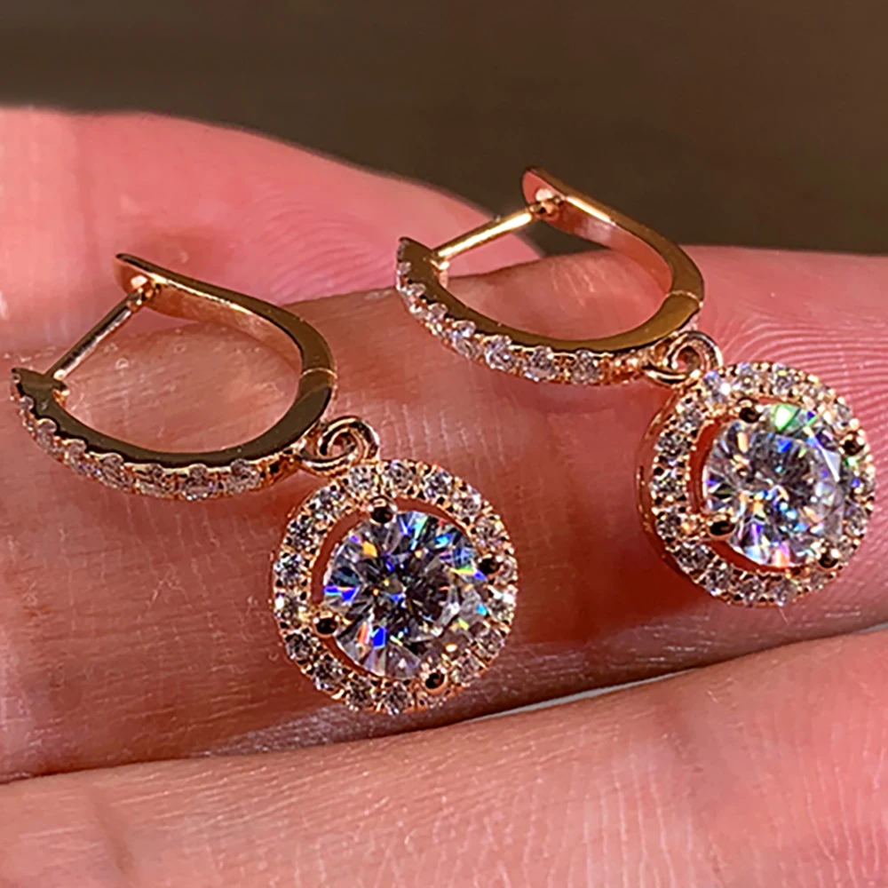 

Custom Solid 10K Rose Gold Women Drop Clip Hoop Earrings U Moissanite Diamonds 1 2 4 6 Ct Round Wedding Engagement Anniversary