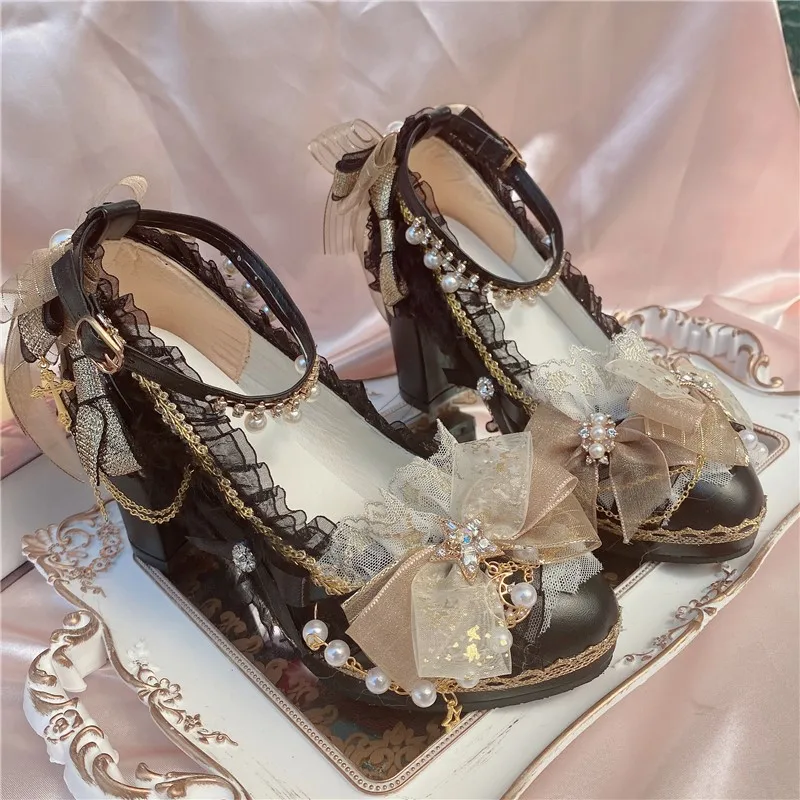 Gothic Girls Nightmare Flowers Wedding Lolita High Heels 8cm Thick Chunky Heels Loli Shoes Kawaii Lady Bowknot Lace Women Shoes