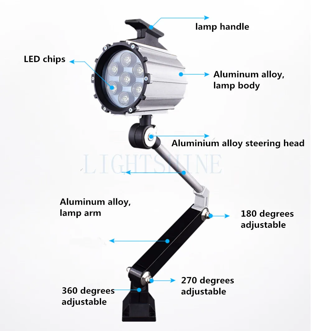 Lampe de Travail à LED à Bras Long, Fraiseuse Cnc, Etanche et Huile Verde, Mécanique, 24V, 220V