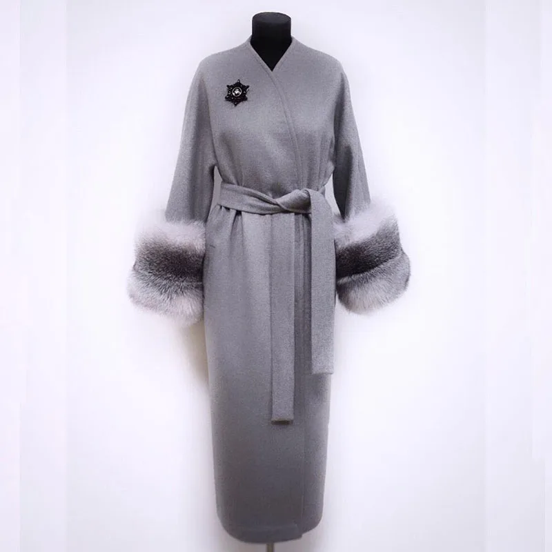 New Winter Women Real Fox Fur Cashmere Coat 120cm Long Natural Whole Skin Silver Fox Fur Wool Blends Coat Fashion Overcoats