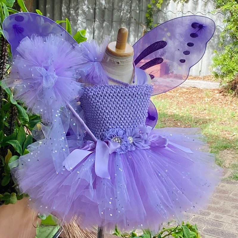 Vestito da fata farfalla viola per ragazze vestito da fiore tutu in Tulle glitterato per bambini con ala e fiocco per capelli abiti da festa per