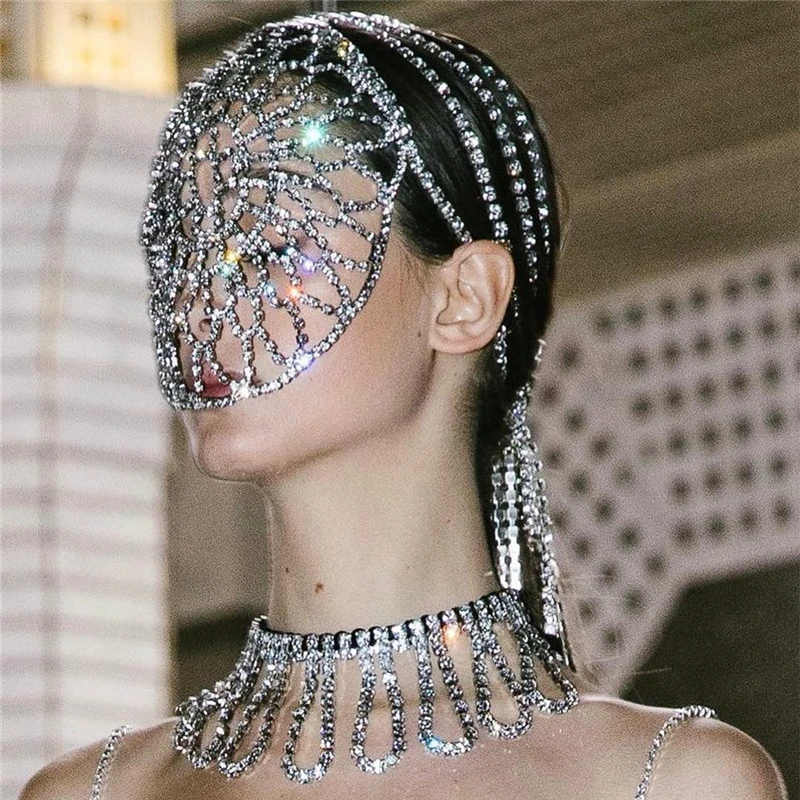 Creative Mesh Full Crystal Bling Wedding Face Mask Handmade Jewelry for Women Luxury Rhinestone Face Jewelry Decorative Mask