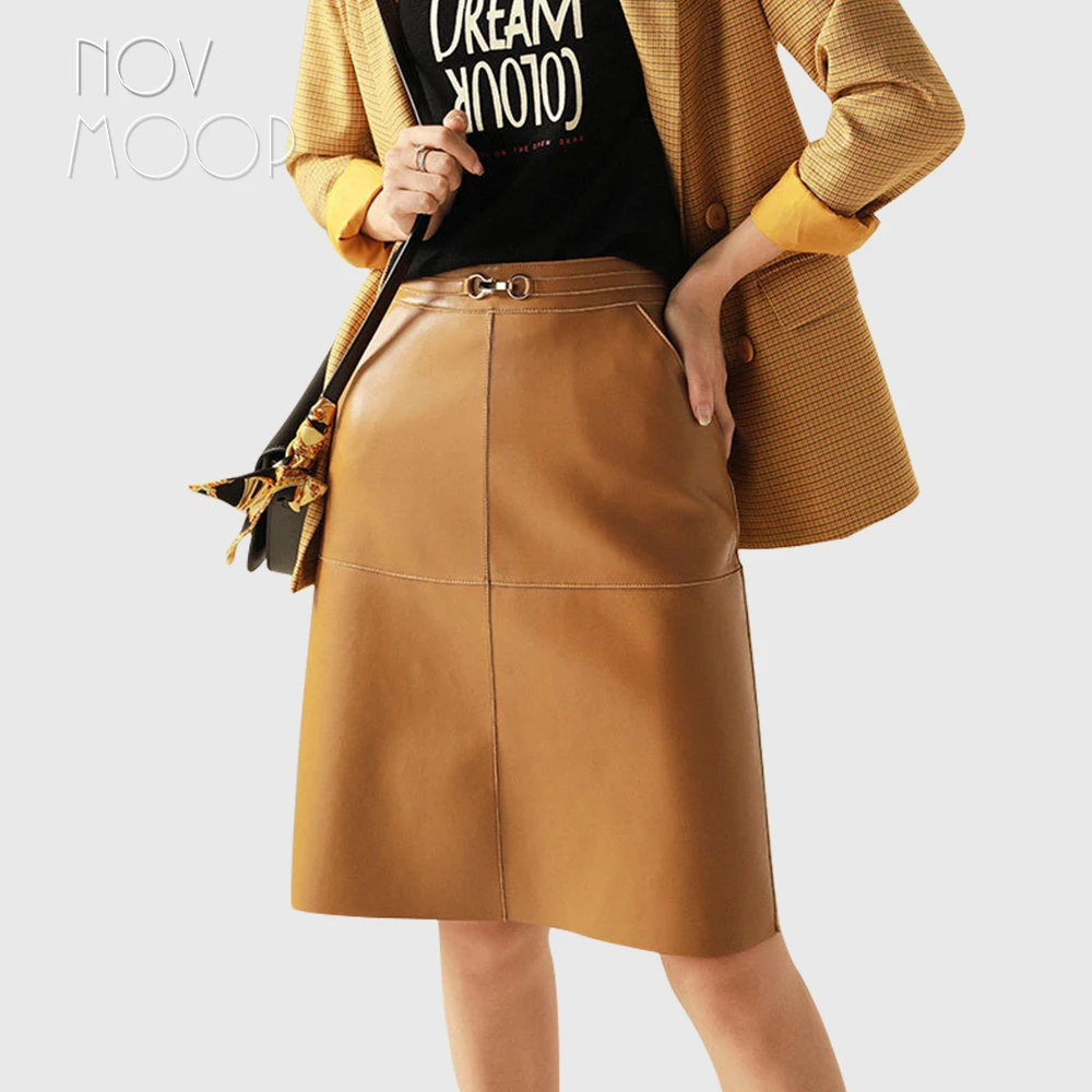 Novmoop office lady fashion style summer black yellow color sheepskin genuine leather skirt with metal buckle decor LT3044