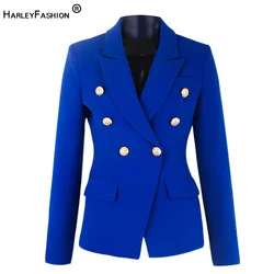 HarleyFashion Elegant Women Designer Spring Blue Casual Blazer Metal Buttons Quality Slim Blazers