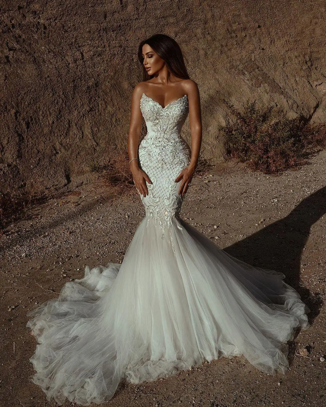 Robe de Mariée Sirène en Dentelle, Sans Bretelles, Cou Perlé, Magnifique, pour Patients, Dos aux, Balayage, Traîne, Paillettes Appliquées, Tulle