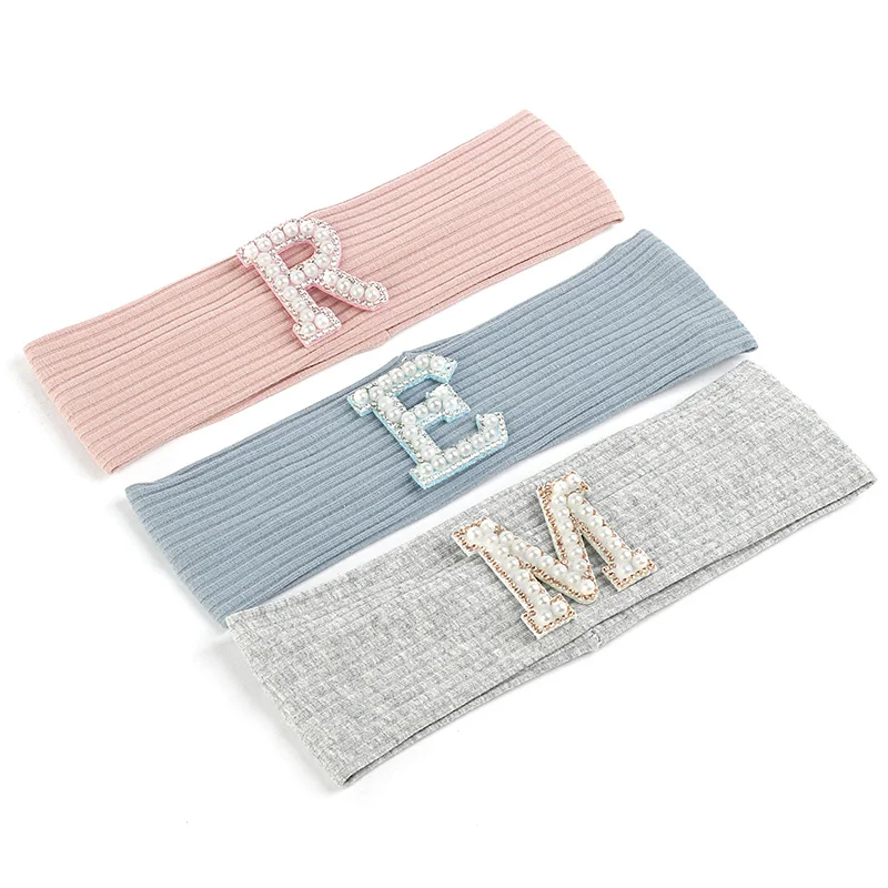 Geebro Children New Style Pearl Letter Soft Headband Girls Sweat Solid Color Hairband Kids Boy Elastic Flat Fashion Headwrap