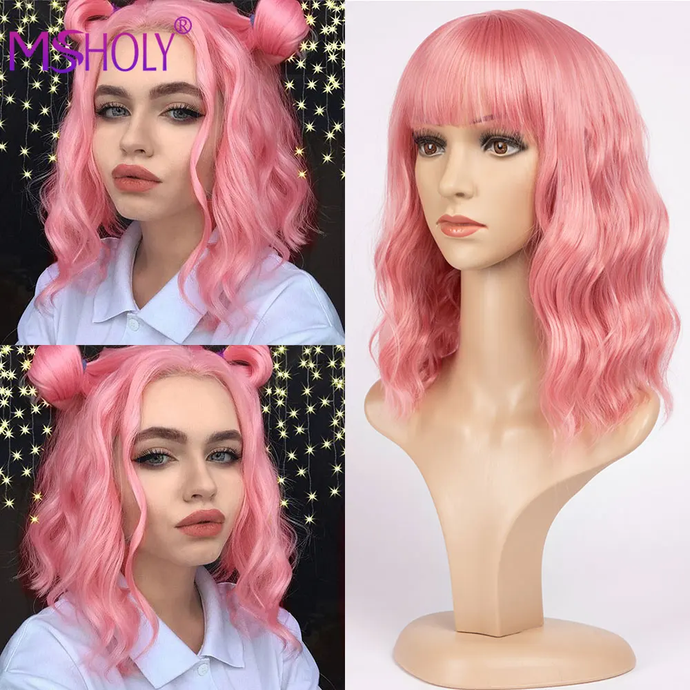 

Pink Wavy Wig With Bangs Short Bob Wig Curly Wavy Bob Synthetic Red Blonde Green Purple Wigs High Temperature Cosplay Wig Msholy