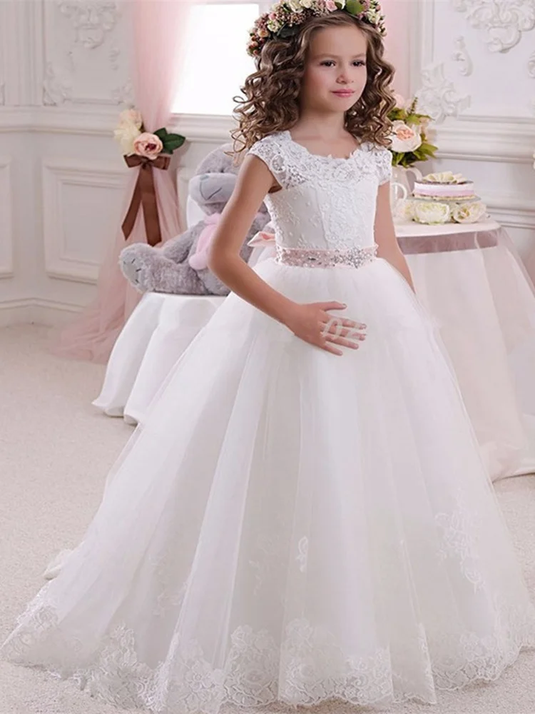 Blumenmädchenkleider für die Hochzeit, durchsichtiges, perlenbesetztes, bauschiges Festzugkleid für kleine Mädchen, Erstkommunionkleid für Kleinkinder