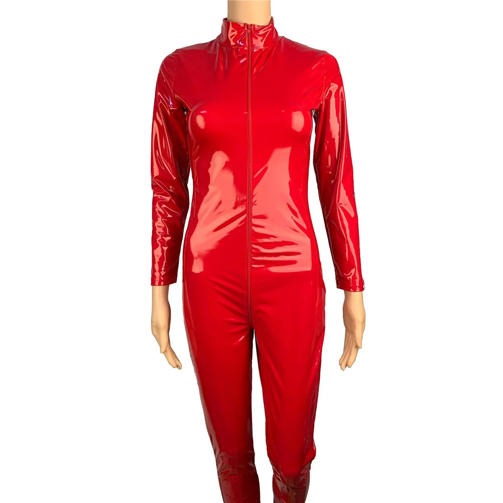 Women PU Faux Leather Jumpsuit Erotic Sexy Shiny Zipper Long Sleeve Wet Look Slim PVC Latex Bodysuit Clubwear Catsuits Costume