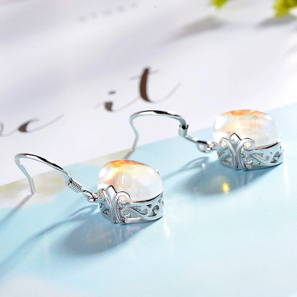 Moonstone 925 Sterling Silver Colorful Natural Stone Long Dangle Earrings For Women Vintage Fashion Jewelry Pendientes E738