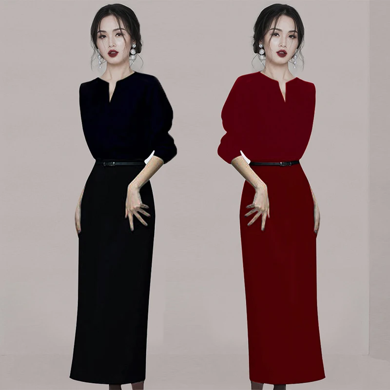 2023 Autumn Winter Woolen Office Ladies Dress Elegant Women Thick Tweed Wine Red O Neck Long Sleeve Bodycon Midi Dress With Belt