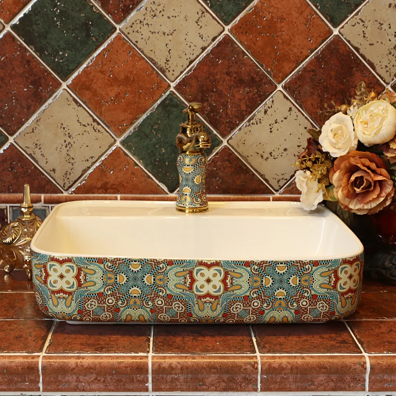 Jingdezhen Ceramic Provence Retro Classical Pattern Artistic Bathroom Sink