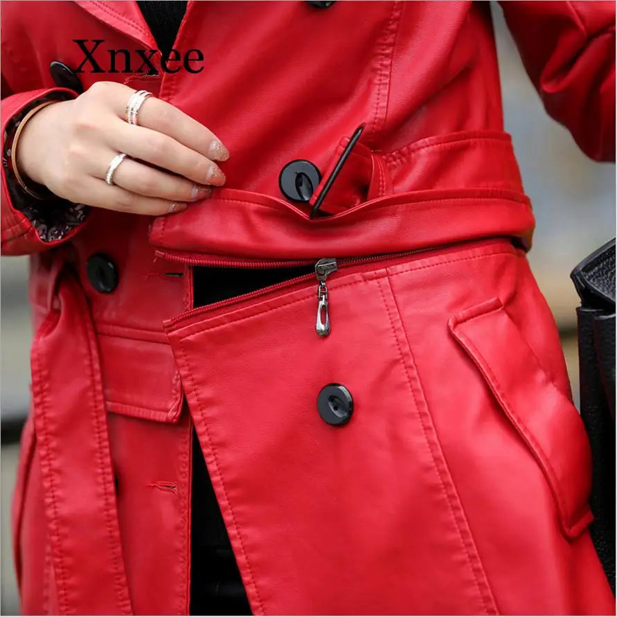 Elegant Vintage Red Women Long Leather Jacket Slim  Bow Belt Motorcycle PU Leather Long Jacket Coat Leather Trench