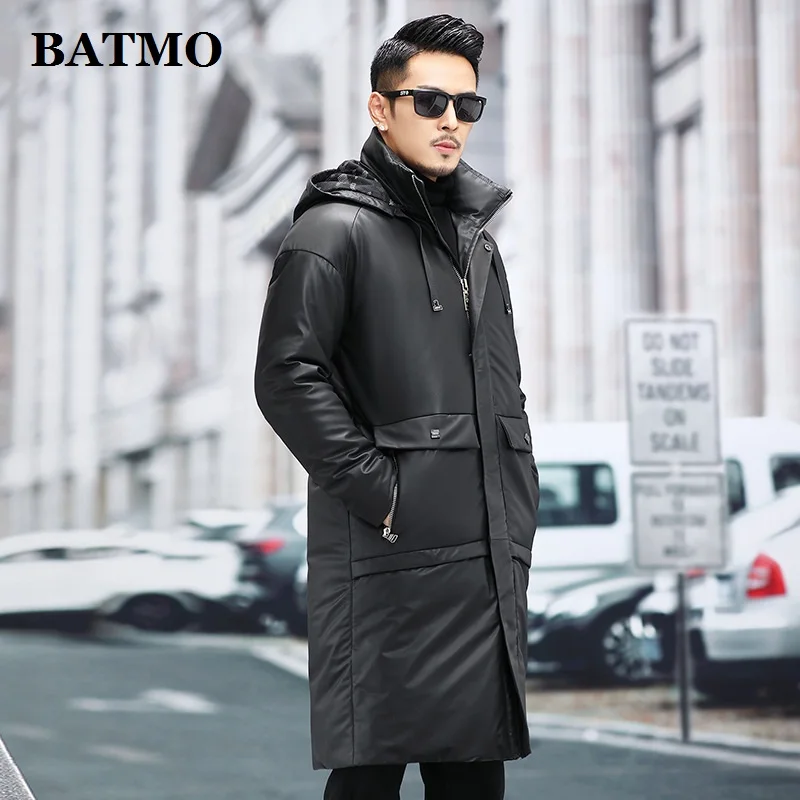 BATMO 2023 new arrival winter 90% white duck down hooded jackets men,natural real leather long coat ,Plus-size M-5XL 2111