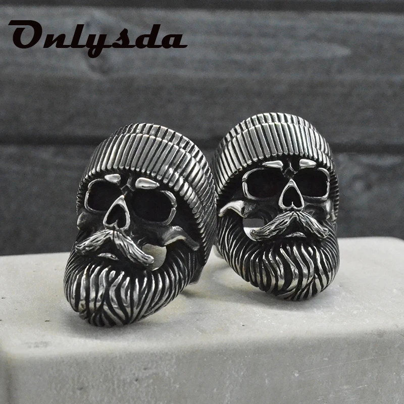 Gothic Vintage 316L Stainless Steel Cool Locomotive Old Man Skull Men's Ring Punk Rock Bearded High Quality Jewelry Gift For Man