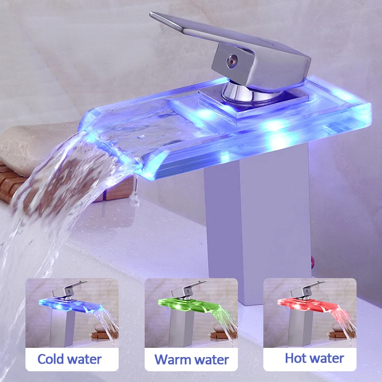 

LED Color Changes Glass Waterfall Basin Faucet Bathroom Bath Tub Sink Mixer Tap Single Handle Kitchen Water Faucet Chrome Finish