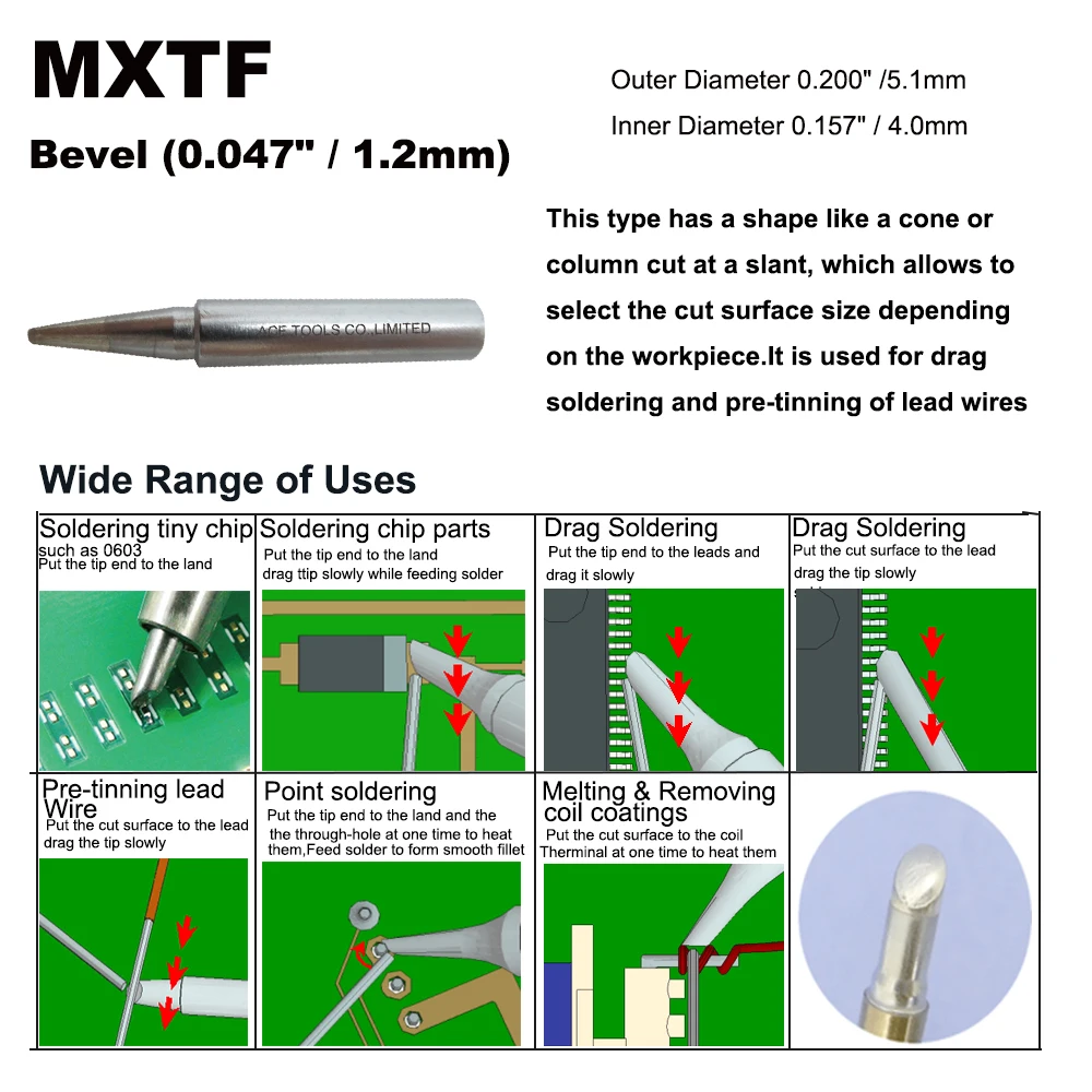 Puntas de soldadura MXTF de 10 piezas, bisel de 1,2mm, repuesto apto para WELLER WSD71 WSDT1 WP70, estación de hierro