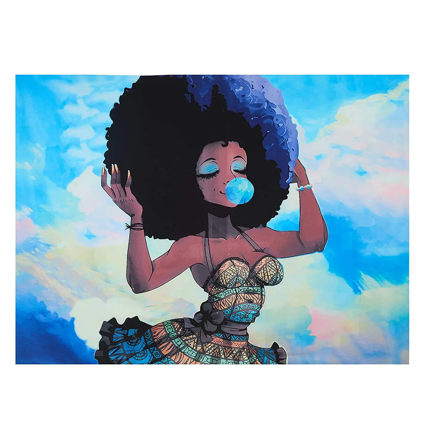 African American Black Girl Colourful Print Wall Hanging Tapestries Polyester Exploding Hair Girl Under Blue Sky