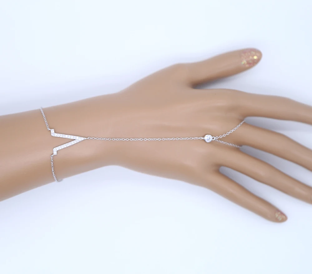 Nuevo 100% Plata de Ley 925 fábrica V Charm Sparking Micro Pave Clear Cz cadena de eslabones pulseras de mano largas pulsera esclava