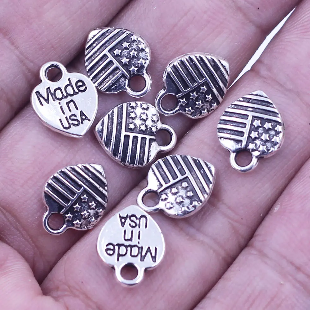 Pendants Love Heart Shape America Flag Made In USA Silver Tone 12x9mm