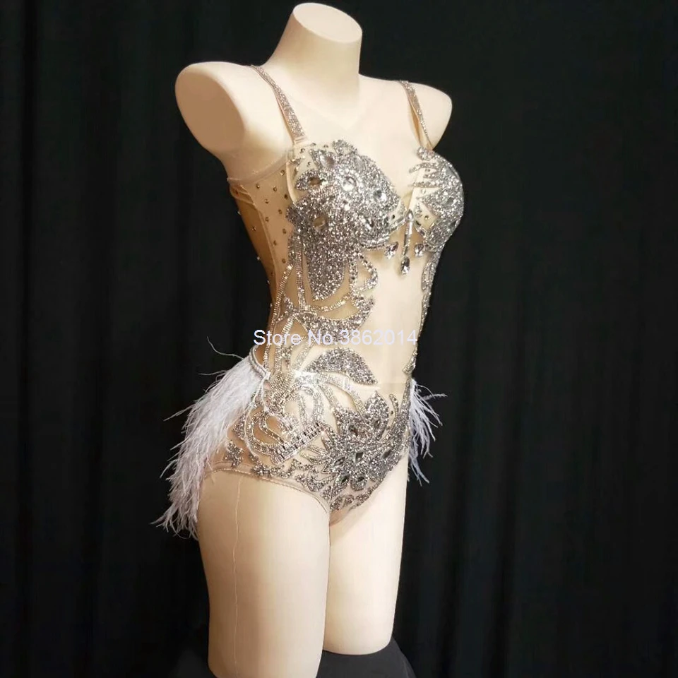 Sparkly Silver Rhinestones See Through Bodysuit Women Feather Leotard Outfit Female Bar Dance Stage Party Dance Stage Costume