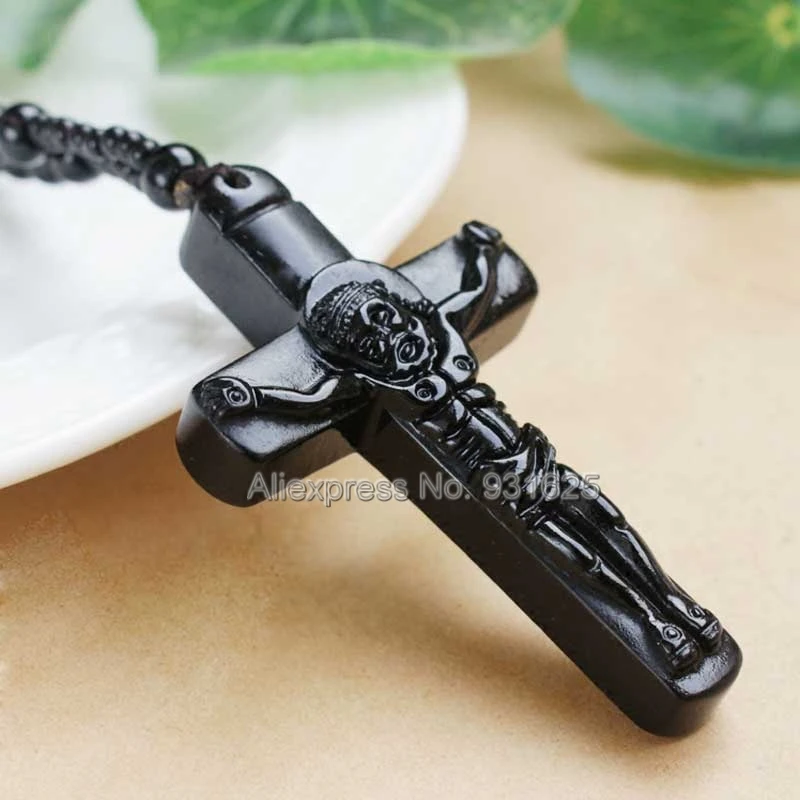 Beautiful Natural Black Obsidian Carved Jesus Cross Lucky Blessing Pendant + Free Beads Necklace Fashion Jewelry for woman man