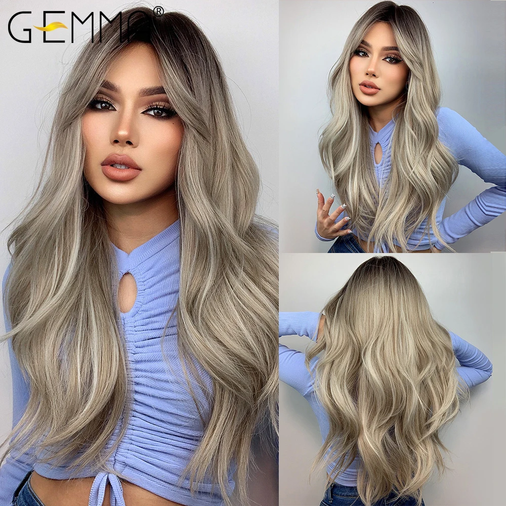 GEMMA Long Wavy Black Brown Gray Ash White Ombre Synthetic Wig with Bangs Cosplay Daily Party Wig for Women Heat Resistant Hair