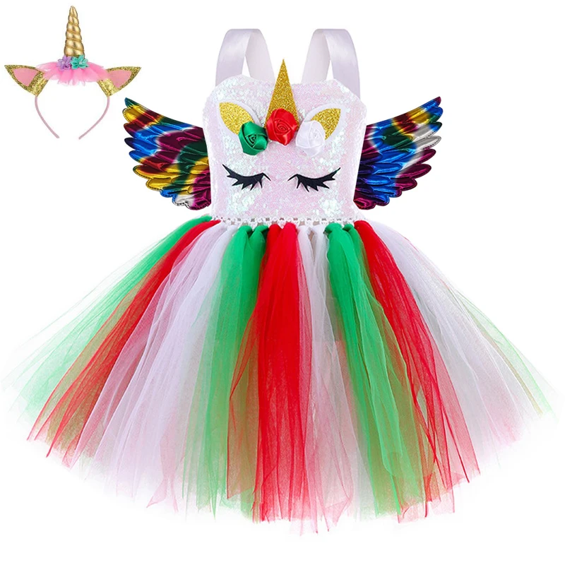 Mädchen Einhorn Kostüm Phantasie Up Weihnachten Kinder Pailletten Regenbogen Tutu Geburtstag Party Karneval Kleider Prinzessin Cosplay Kostüme