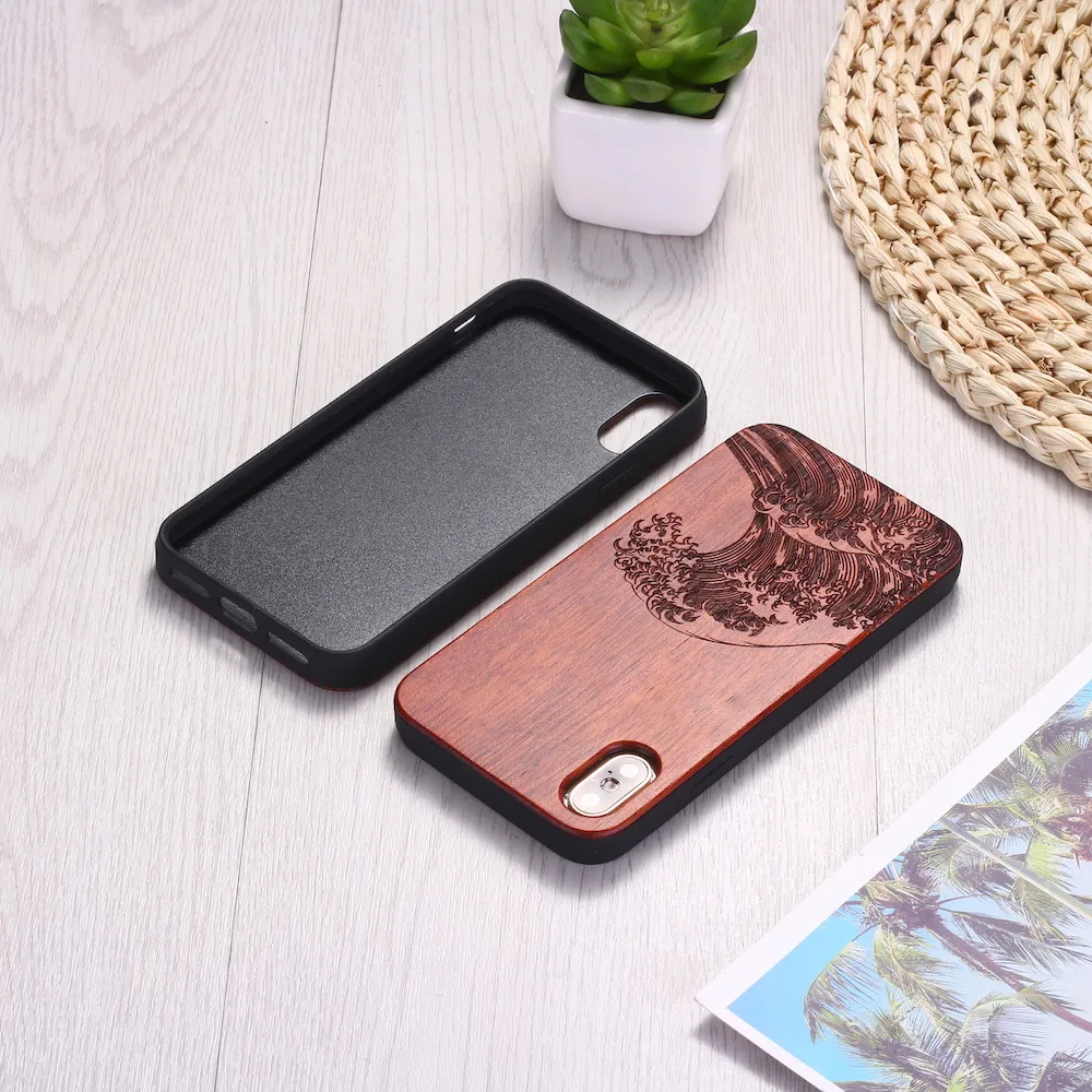 For iPhone 14 14ProMax 14Plus 13Promax 13 12 11 Engraved The Great Wave off Kanagawa Wave Wood Case Funda Coque