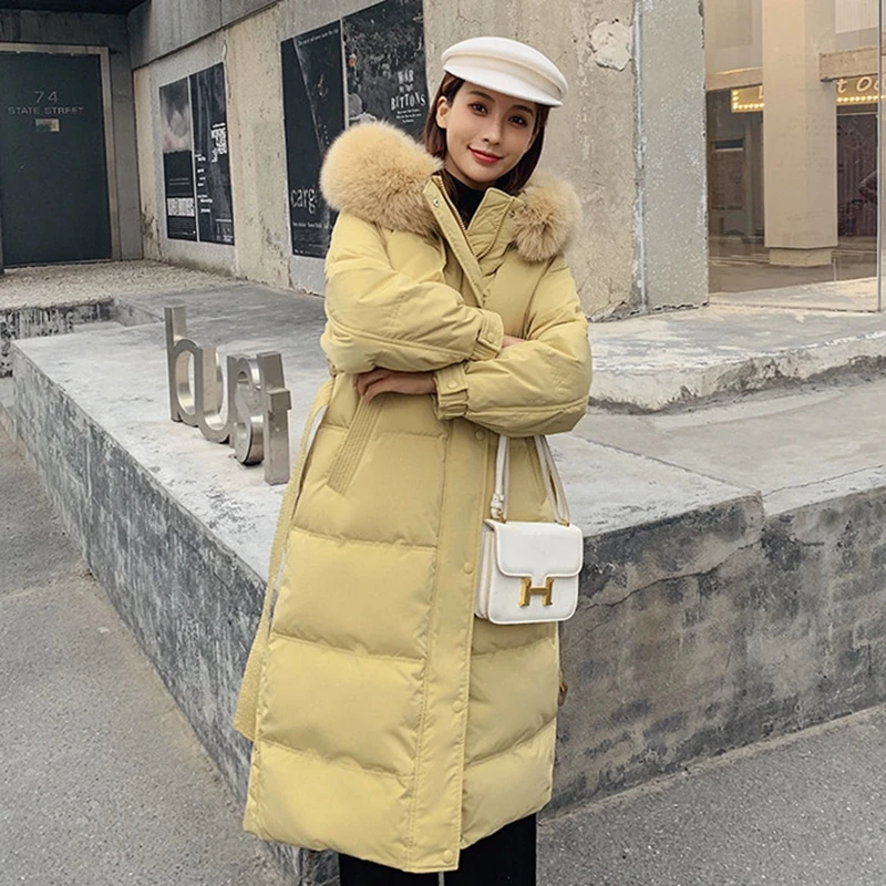 Winter Big Fur Hood Puffer Jacket Knee Length Slim White Duck Down Padded Overcoat With Belt Office Lady Down Parkas JK-884